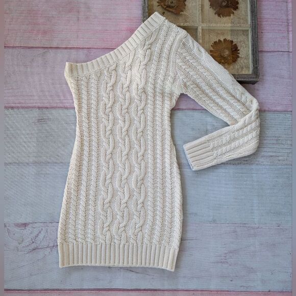 Beige Botany Ivory One Shoulder Cable Knit Sweater Dress L Fitted Mini - Picture 1 of 7